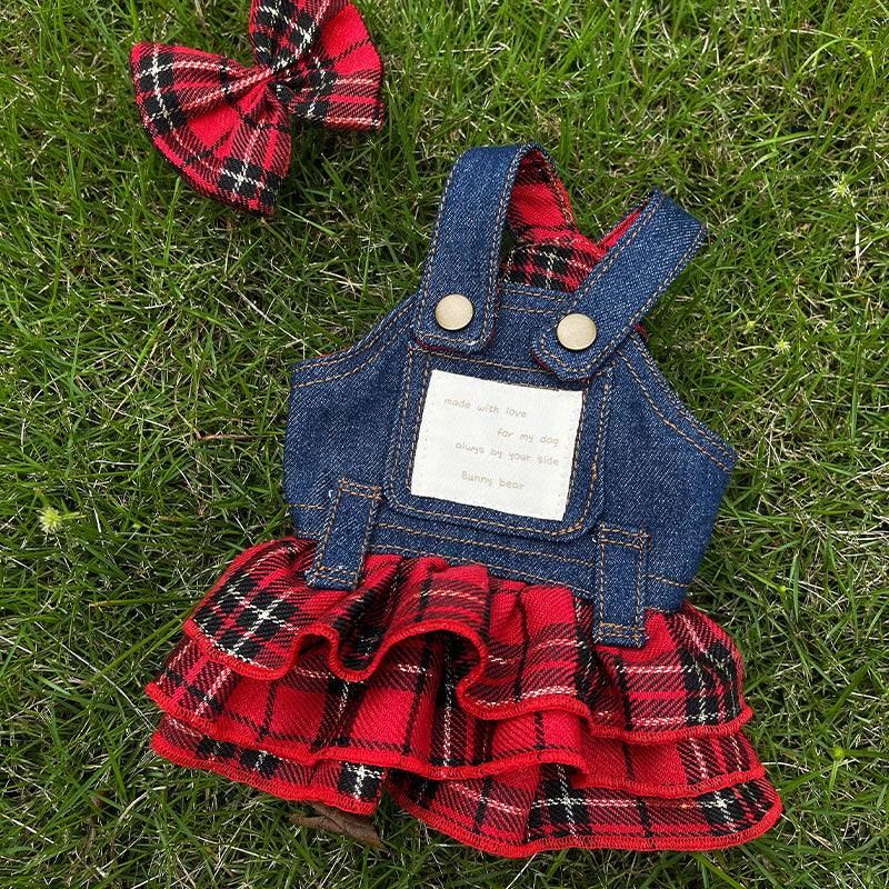 Original Denim Dog Dress Design with Blue Denim and Red Plaid Ruffled Skirt – Cute, Fashionable for Daily Wear, Outings, Special Occasions, Ideal for Keeping Your Pet Stylish and Comfortable for Pets