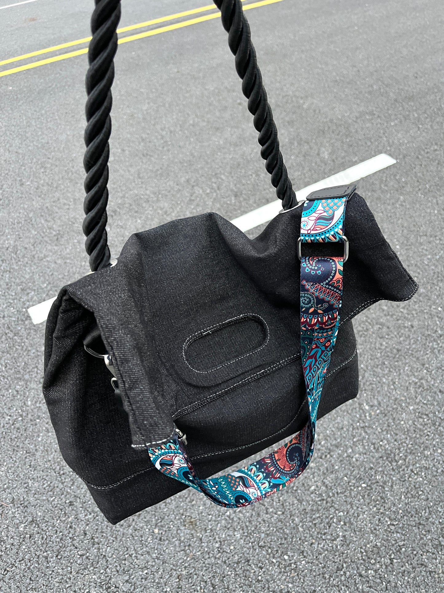 Original Denim Tote Bag Design with Dark Gray Denim and Unique Rope Handle – Modern, Casual for Daily Outings, Work, Casual Activities, Ideal for Carrying Essentials in a Practical and Stylish Way for Men