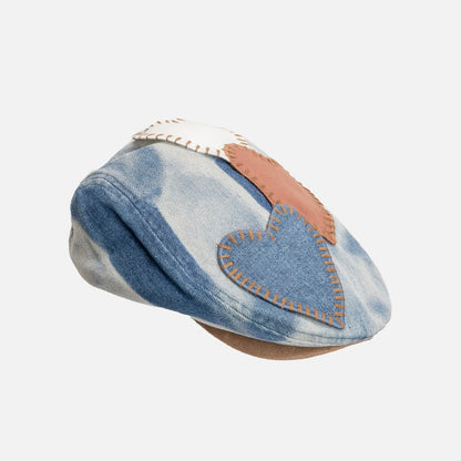 Original Denim Baseball Cap Design with Patchwork Denim and Heart-Shaped Leather Appliqués – Vintage, Artistic for Casual Wear, Street Fashion, Statement Styling, Ideal for Adding a Creative and Nostalgic Touch to Any Outfit for Unisex