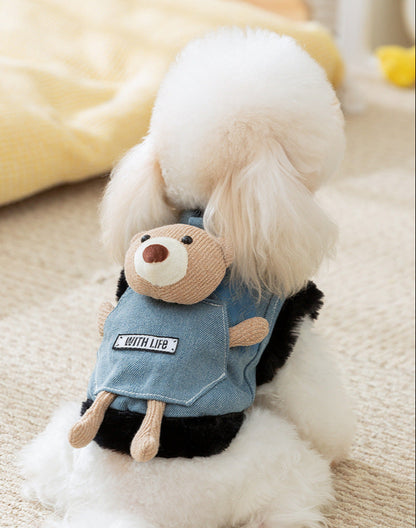 Trendy Denim Pet Vest with Soft Denim and Plush Bear Toy Accent - Cute, Cozy, Playful Design, Provides Warmth and Adds a Touch of Cuteness for Daily Wear and Photo Shoots  for Pets