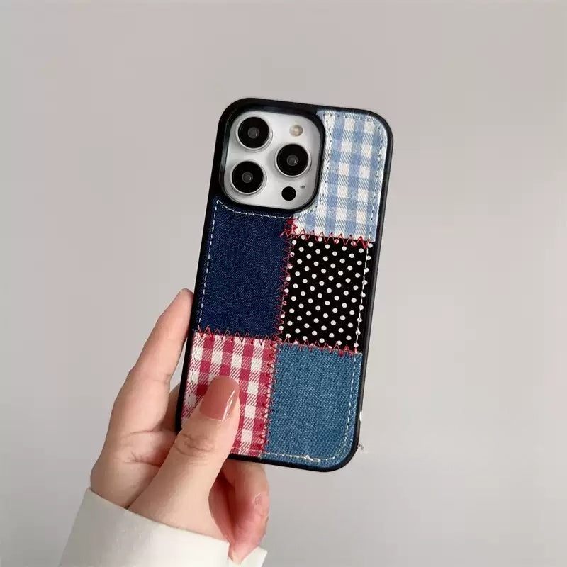 Denim fabric laminated with acrylic Trendy Patchwork Phone Case - Playful Vintage Design, Lightweight, Unique for Unisex