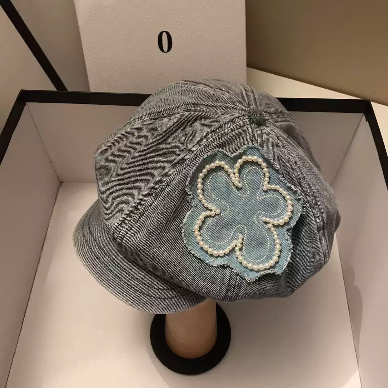 Trendy Light Blue Denim Beret Cap with Pearl Flower Patch - Casual, Playful Design, Lightweight and Comfortable for Casual Wear, Everyday Styling, and Casual Outings for Women