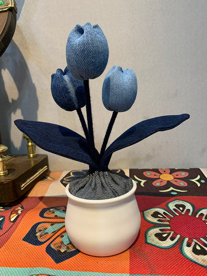 Original Denim Tulip Flower Arrangement - Handcrafted Unisex Home Decor, Vintage Style for Unisex