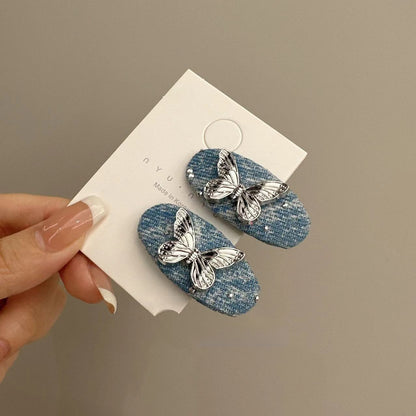 Original Denim Hair Clips Design with Blue Denim and Silver Butterfly Accents – Elegant, Trendy for Casual Wear, Hair Styling, Daily Use, Ideal for Adding a Stylish and Chic Accent to Your Hairstyling for Women