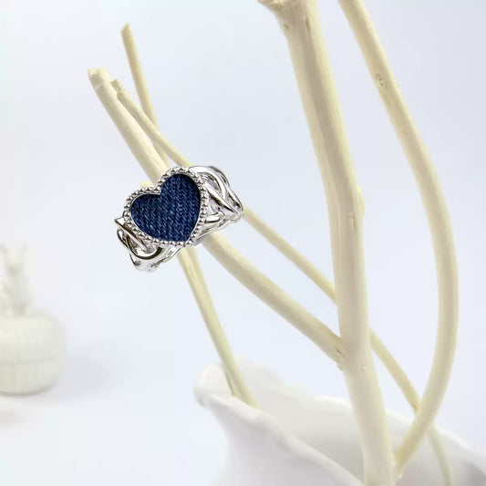 Original Denim Heart Ring with Silver Band and Woven Denim Heart Accent - Romantic, Delicate Design, Lightweight, Adjustable, Stylish for Daily Wear and Gift Accessory for Women