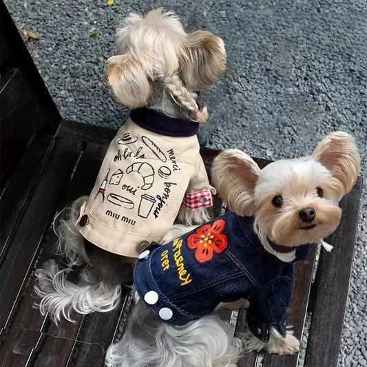 Trendy Beige Denim Dog Vest with Paris-Themed Embroidery and Gingham Accents - Cute, Fashionable Design, Soft and Comfortable for Casual Wear, Photo Shoots, and Everyday Outings for Pets