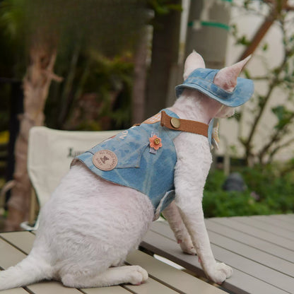 Trendy Denim Pet Outfit with Vacation Graphic and Adjustable Harness - Casual, Fun, Comfortable Design for Outdoor Walks, Photo Shoots, and Casual Outings for Pets