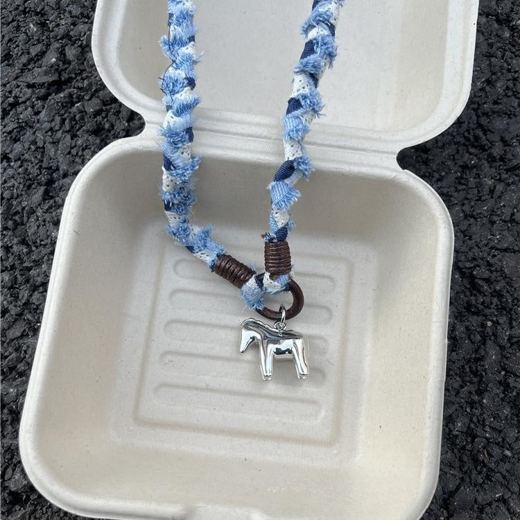 Original Denim Necklace with Braided Denim Cord and Metallic Horse Charm - Rustic, Bohemian Design Lightweight, Adjustable, Durable for Casual Wear, Festival Fashion, and Layered Accessorizing  for Unisex