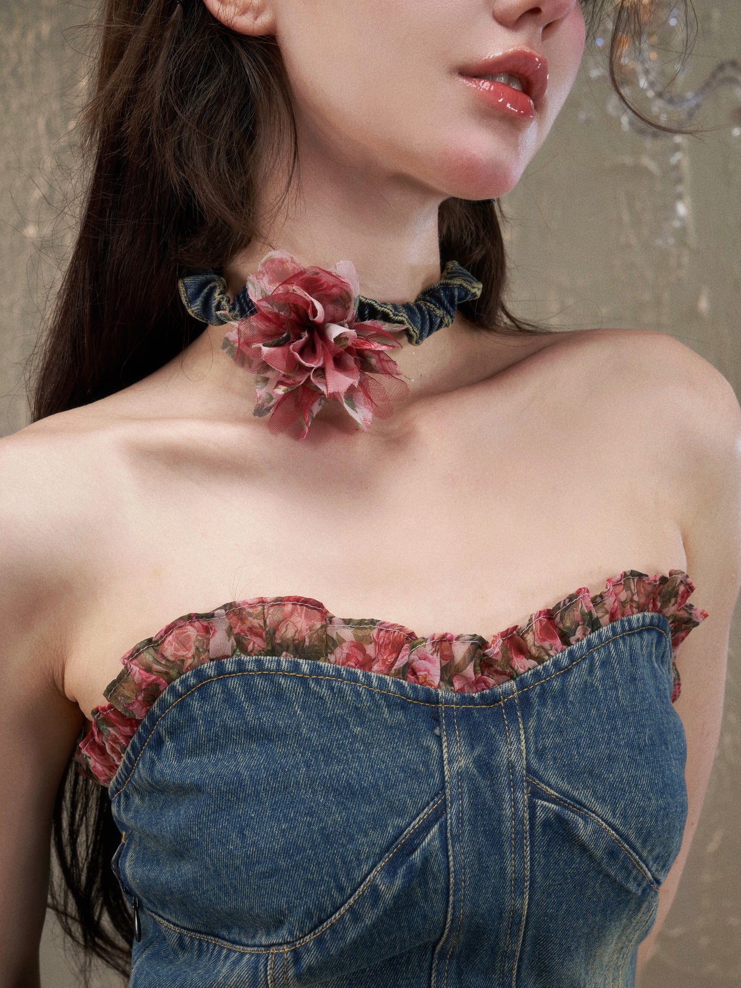 Original Denim Flower Choker with Colorful Bow Design - Feminine and Stylish for Casual Outings, Parties, and Everyday Wear for Women