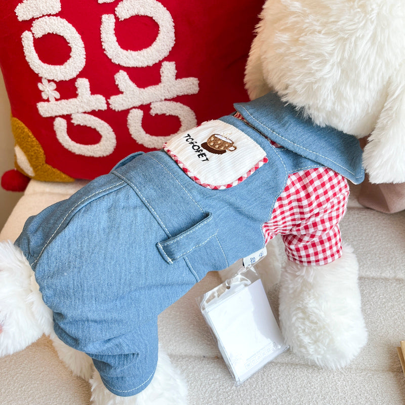 Original Denim Pet Jumpsuit with Light Blue Denim, Gingham Checkered Details, and Coffee Cup Embroidery - Playful, Casual, Cute Design , Perfect for Everyday Wear and Playdates for Pets