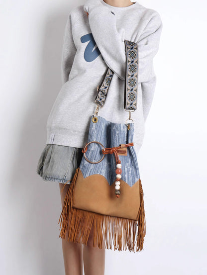 Original Denim Shoulder Bag Fringe Backpack Style with Tan Faux Suede Fringe Details – Bohemian, Vintage, Eclectic for Casual Outings, Festivals, Travel, Ideal for Spacious and Unique Style for Women