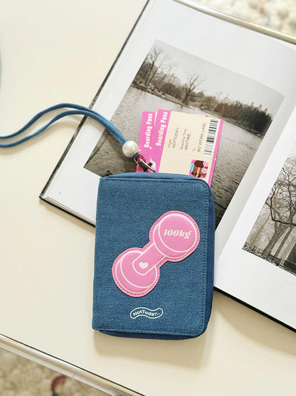 Original Pouch with Denim Fabric, Pink Dumbbell Print, and Wrist Strap - Sporty, Casual Design , Ideal for Travel, Gym, and Storing Cash, Cards, and Small Essentials for Women