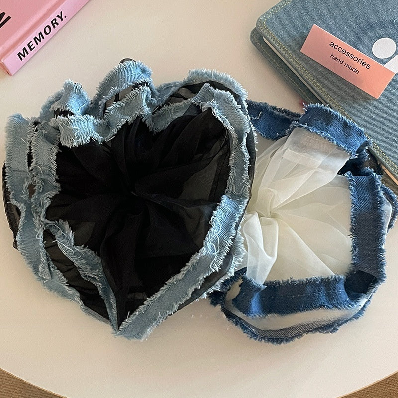 Trendy Denim Hair Scrunchie with Tulle Fringes - Stylish and Comfortable Design, Ideal for Daily Styling and Casual Wear for Women