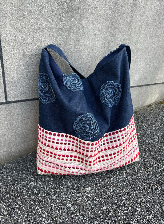 Original Denim Shoulder Bag with Blue Denim, Frayed Floral Denim Patches, and Colorful Woven Base - Bohemian, Chic, Stylish Style ,Ideal for Casual Outings, Shopping, and Weekend Trips for Women