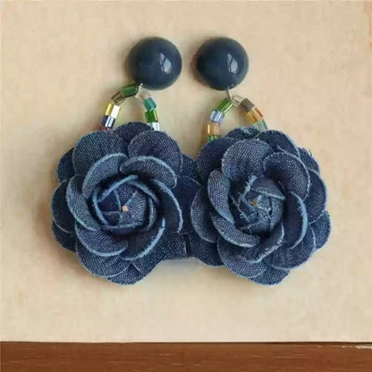 Original Denim Rose Earrings Design with Blue Denim Floral Design and Beaded Accents – Elegant, Artistic for Special Occasions, Casual Chic, Artistic Fashion, Ideal for Adding a Unique and Stylish Floral Touch to Any Look for Women