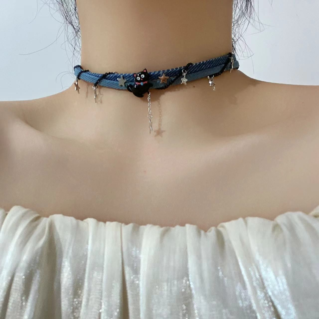 Trendy Denim Cat Star Choker Necklace - Playful and Whimsical Design for Young Women