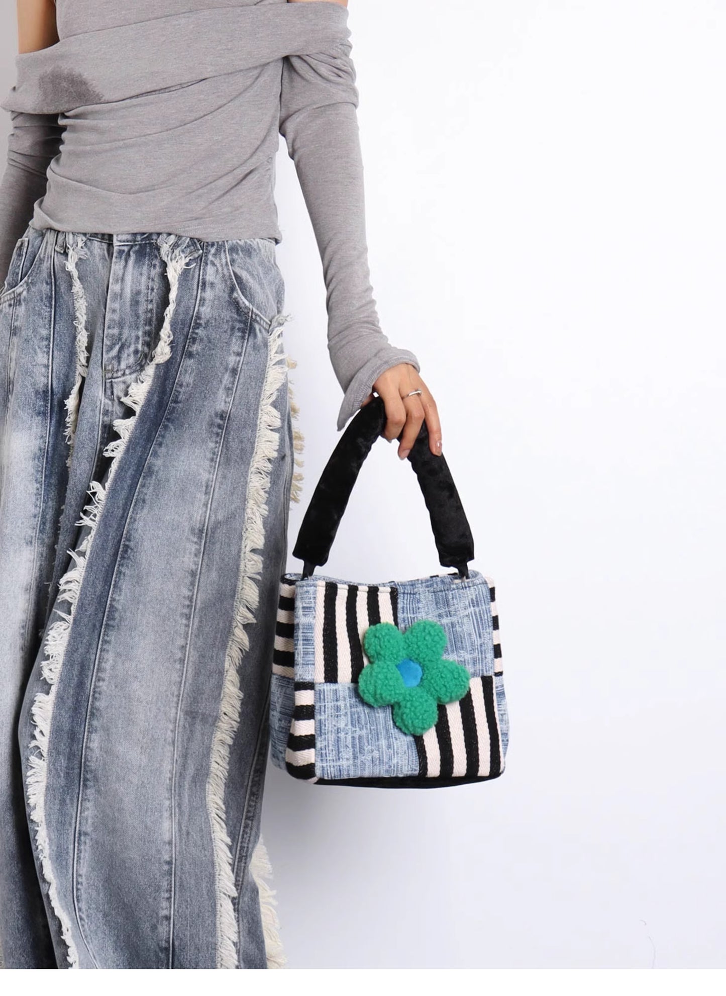 Original Denim Patchwork Handbag Design with Mixed Denim and Striped Fabric – Artistic, Eclectic for Casual Outings, Creative Styling, Statement Accessory, Ideal for Adding a Bold and Unique Touch to Any Outfit for Women