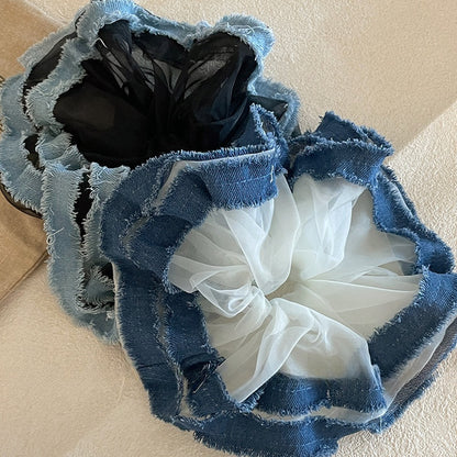 Trendy Denim Hair Scrunchie with Tulle Fringes - Stylish and Comfortable Design, Ideal for Daily Styling and Casual Wear for Women