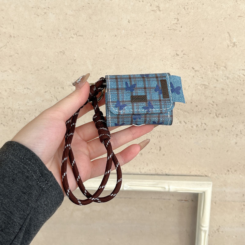 Original Denim Earphone Case with Blue Plaid Denim and Brown Rope Strap – Trendy, Protective, Functional Design for Everyday Use, Organizing, Key Storage, Ideal for Carrying Your Earphones in a Convenient and Stylish Way for Unisex