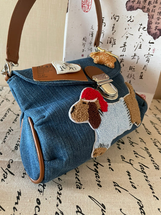 Original Denim Hand Bag with Dog Applique - Playful and Cute Design, Perfect for Daily Outings and Casual Activities  for Women