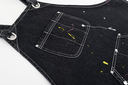 Original Denim Apron Design with Multiple Front Pockets and Colorful Paint Splatters – Practical, Creative for Crafting, Cooking, DIY Projects, Ideal for Protecting Clothes While Adding Style and Function for Unisex