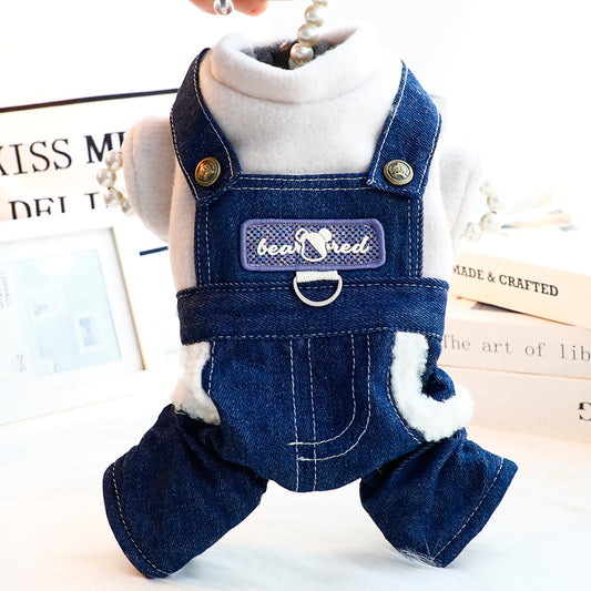 Original Denim Overalls with Soft Denim Fabric and Plush Fleece Lining - Playful, Functional Design for Casual, Everyday Wear, Photo Shoots, and Outings, Comfortable, Warm, Stylish for Pets