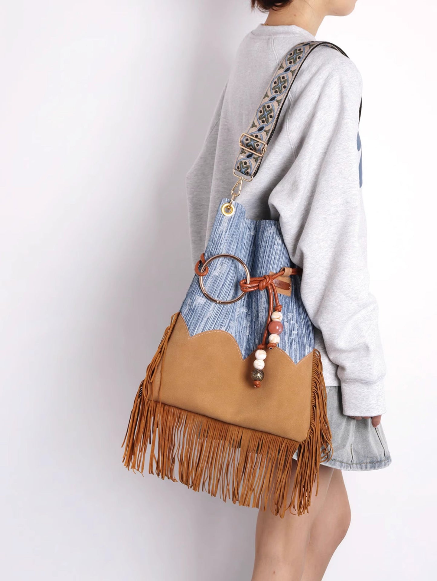 Original Denim Shoulder Bag Fringe Backpack Style with Tan Faux Suede Fringe Details – Bohemian, Vintage, Eclectic for Casual Outings, Festivals, Travel, Ideal for Spacious and Unique Style for Women