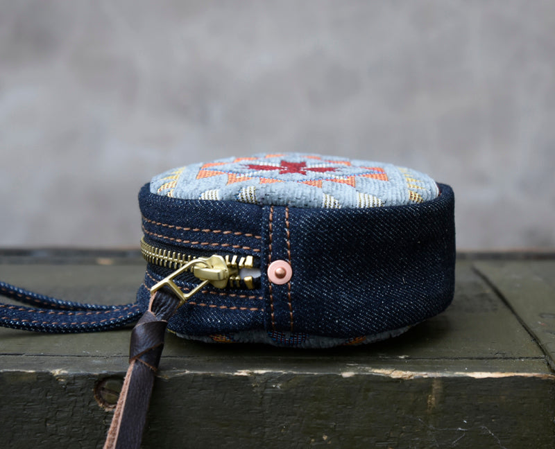 Original Denim Embroidered Round Wristlet Design with Intricate Geometric Embroidery – Bohemian, Artistic for Everyday Carry, Travel, Casual Outings, Ideal for Adding a Unique Handcrafted Touch to Your Essentials for Unisex