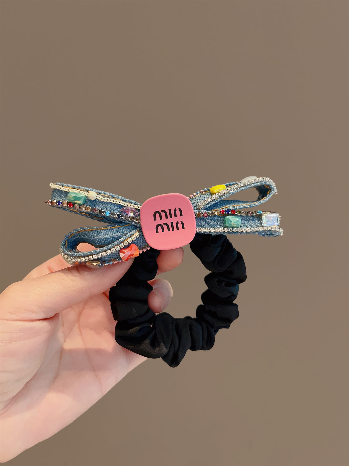 Original Denim Scrunchie with Colorful Button Detail - Playful and Trendy Design, Ideal for Daily Wear and Casual Outings for Women