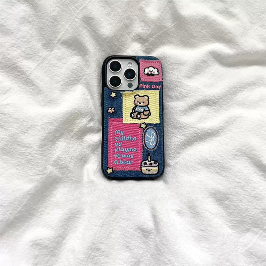 Denim fabric laminated with TPU Trendy Playful Patchwork Phone Case - Cute Bear Design for Young Women