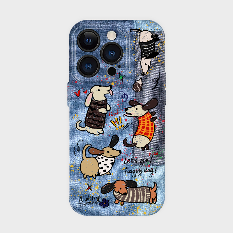 Denim Style Film PC Original Playful Dachshund Denim Phone Case - Quirky Design, Protective, Expressive for Unisex