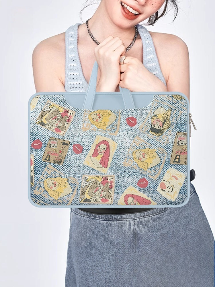 Denim Style PU Original Laptop Bag Design with Light Blue Denim and Printed Illustrations – Quirky, Trendy for Work, Travel, Daily Use, Ideal for Carrying Your Tech and Essentials with Playful Style for Unisex