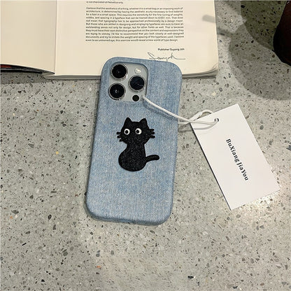 Denim Style Film PC Trendy Cat Embroidered Phone Case - Modern and Cute Design for Young Women