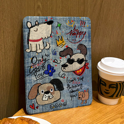 Denim Style Acrylic Original iPad Case with Texture and Playful Dog Illustrations - Fun, Quirky Style, School, and Work, Protective, Durable, Stylish for Unisex