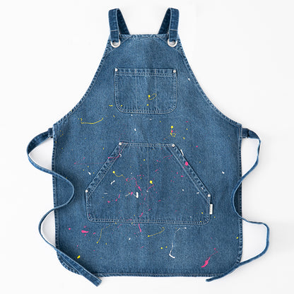 Original Denim Apron Design with Multiple Front Pockets and Colorful Paint Splatters – Practical, Creative for Crafting, Cooking, DIY Projects, Ideal for Protecting Clothes While Adding Style and Function for Unisex