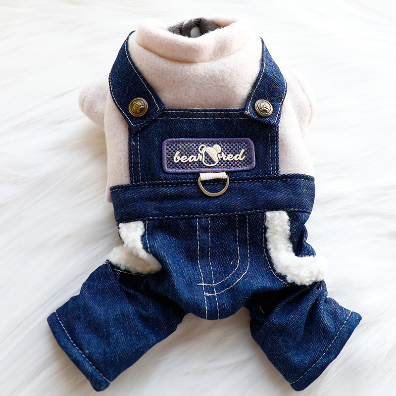 Original Denim Overalls with Soft Denim Fabric and Plush Fleece Lining - Playful, Functional Design for Casual, Everyday Wear, Photo Shoots, and Outings, Comfortable, Warm, Stylish for Pets