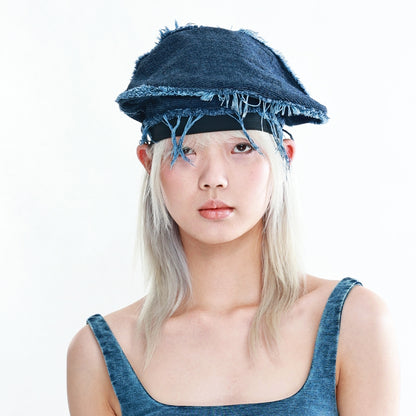 Trendy Blue Denim Bucket Hat with Fringe Details and Raw Edges - Casual, Unique Design, Lightweight and Flexible for Beach Wear, Casual Outings, and Everyday Styling for Women