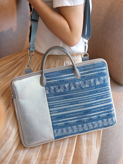 Denim fabric laminated with PU Original and Leather Laptop Bag Design with Silver Leather Accents and Textured Design – Stylish, Modern for Work, Travel, Daily Use, Ideal for Carrying Your Essentials in a Sleek and Trendy Way for Unisex