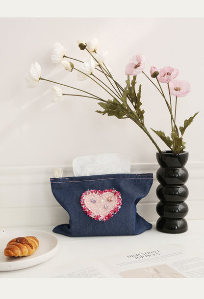 Original Denim Tissue Pouch with Embellished Heart Patch - Cute, Decorative Design for Home, Office, and Travel, Portable, Stylish, Practical for Unisex