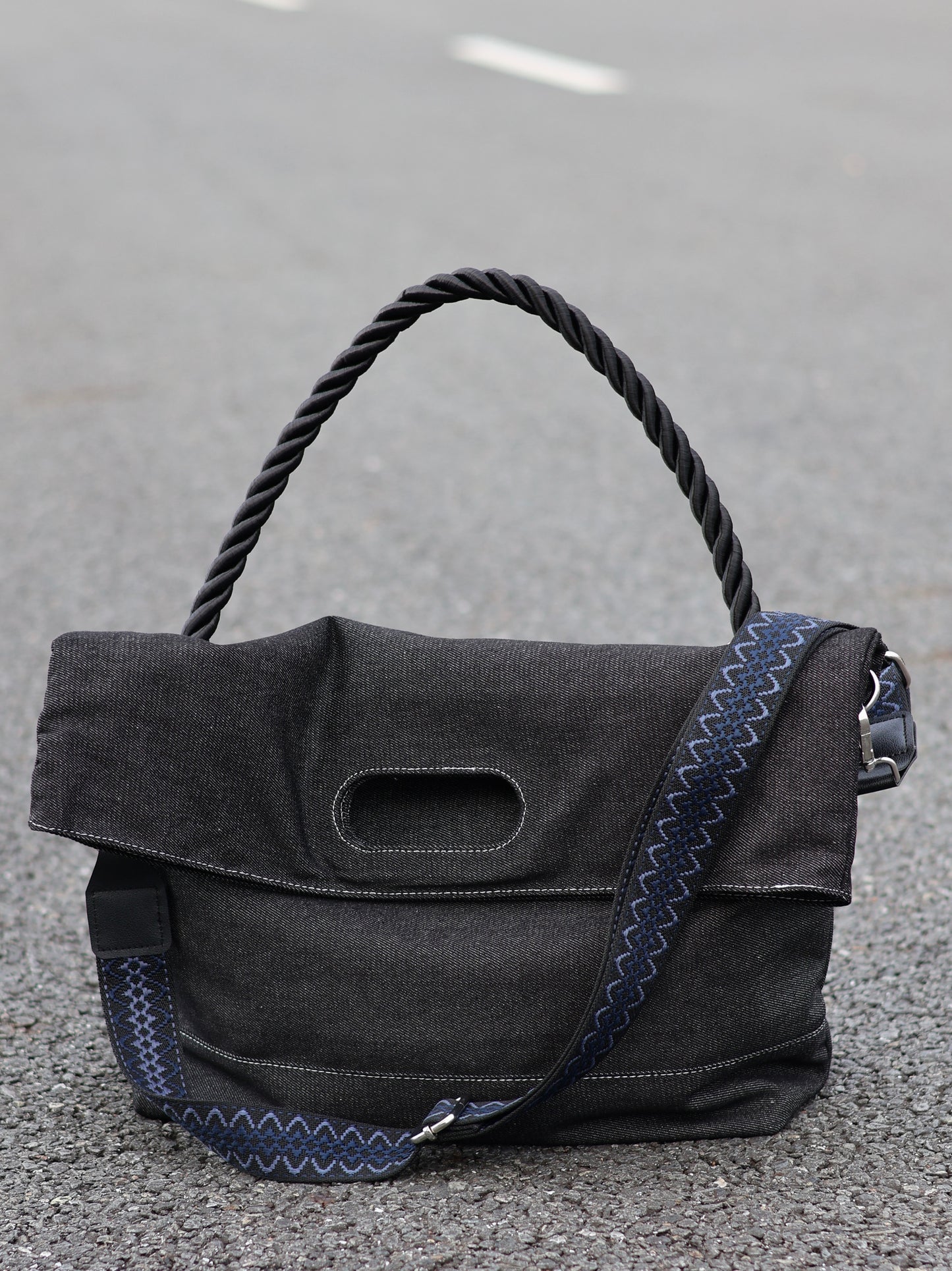 Original Denim Tote Bag Design with Dark Gray Denim and Unique Rope Handle – Modern, Casual for Daily Outings, Work, Casual Activities, Ideal for Carrying Essentials in a Practical and Stylish Way for Men