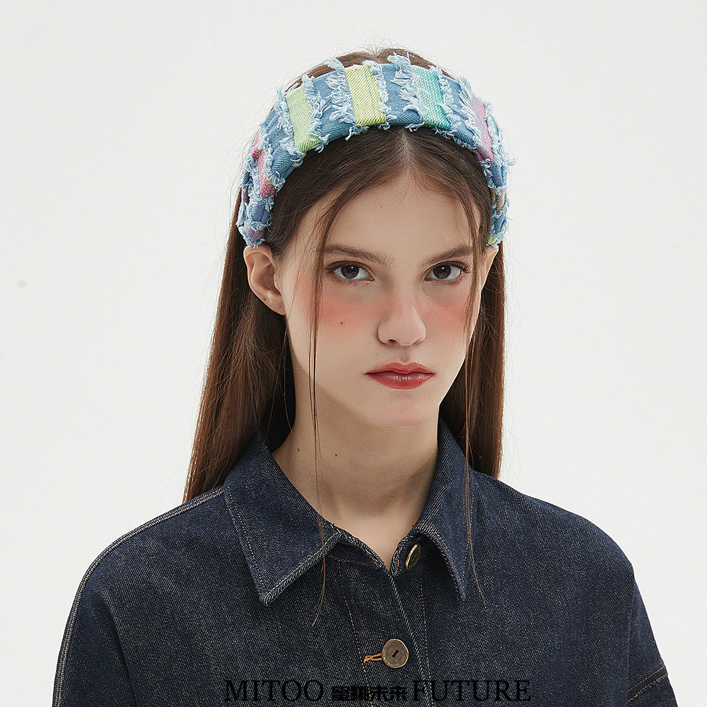 Original Colorful Frayed Denim Headband - Boho Chic Style, Perfect for Young Women