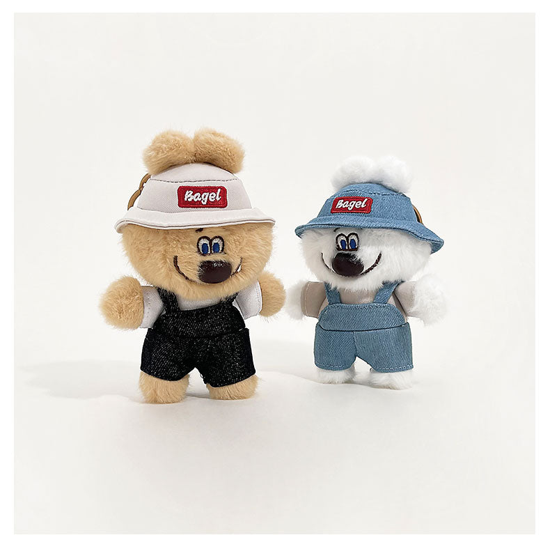 Original Plush Keychain with Fluffy White Plush Bear in Denim Overalls and Bucket Hat - Cute, Playful Design for Bags, Keys, and Accessories, Soft, Lightweight, Portable for Unisex