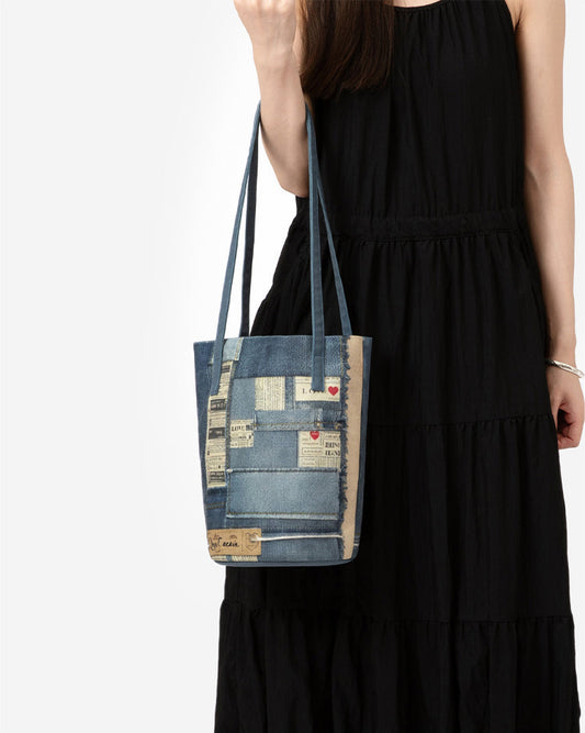 Original Denim Shoulder Bag Design with Patchwork style and Newspaper Print Accents – Artistic, Stylish for Daily Use, Casual Outings, Creative Fashion Statements, Ideal for Combining Practicality with a Unique Artistic Design for Women