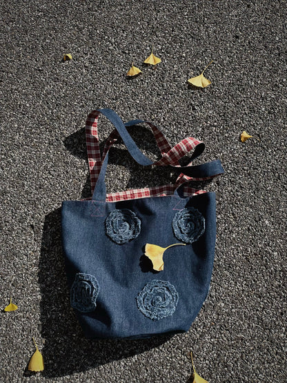 Trendy Denim Shoulder Bag with Blue Denim, Floral Frayed Denim Patches, and Gingham Lining - Casual, Stylish, Versatile Style ,Ideal for Shopping, Daily Use, and Casual Outings for Women