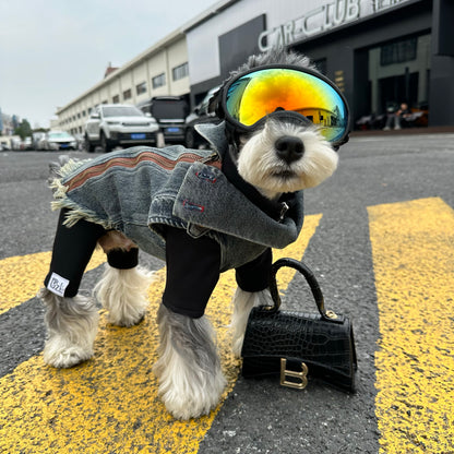 Original Denim Dog Outfit with Rugged Denim Vest and Black Inner Layer - Edgy, Urban, Fashionable Design, Stylish Protection, Comfort, Warmth for Streetwear, Photoshoots, and Outings for Pets