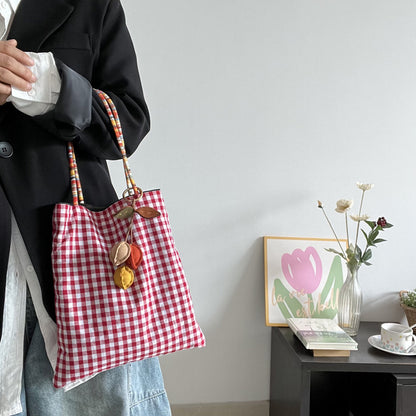 Original Gingham and Navy Shoulder Bags with Pom-Pom Accents - Stylish and Practical Design, Ideal for Daily Outings and Shopping for Women