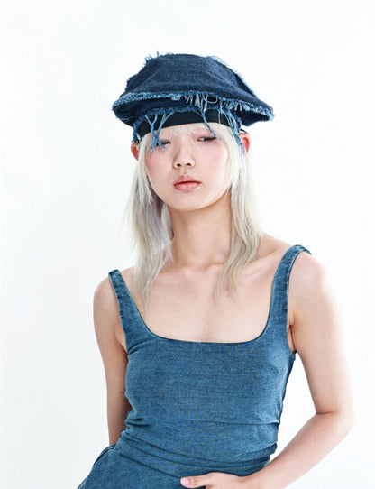 Trendy Blue Denim Bucket Hat with Fringe Details and Raw Edges - Casual, Unique Design, Lightweight and Flexible for Beach Wear, Casual Outings, and Everyday Styling for Women