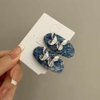 Original Denim Hair Clips Design with Blue Denim and Silver Butterfly Accents – Elegant, Trendy for Casual Wear, Hair Styling, Daily Use, Ideal for Adding a Stylish and Chic Accent to Your Hairstyling for Women