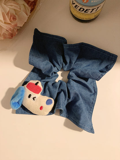 Trendy Soft Denim Scrunchie with Cute Dog Patch Accent - Playful, Casual Design, Lightweight and Versatile for Casual Wear, Everyday Styling, and Artistic Looks for Women