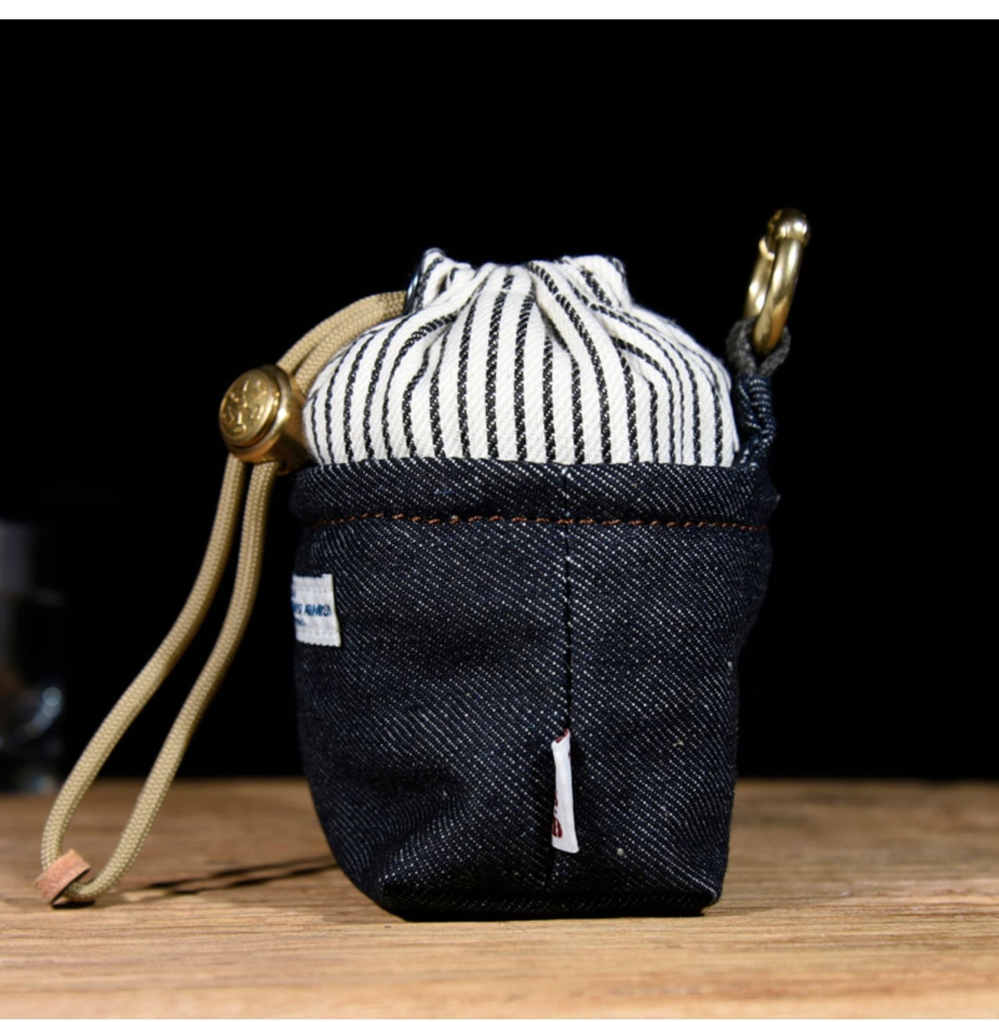 Original Denim Drawstring Pouch Design with Dark Blue Denim and Striped Canvas Top – Rustic, Vintage for Everyday Carry, Travel, Casual Use, Ideal for Keeping Small Essentials Secure in a Stylish Way for Unisex